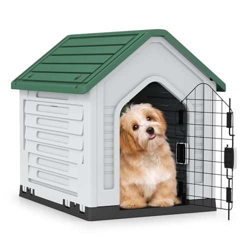 COSTWAY Hundehütte Outdoor, wetterfestes Hundehaus mit abschließbarer Metalltür, Belüftungsschlitzen, geneigtem Dach, Haustierhaus für kleine Hunde & Katzen, Hundekäfig für Indoor (Grün) von COSTWAY