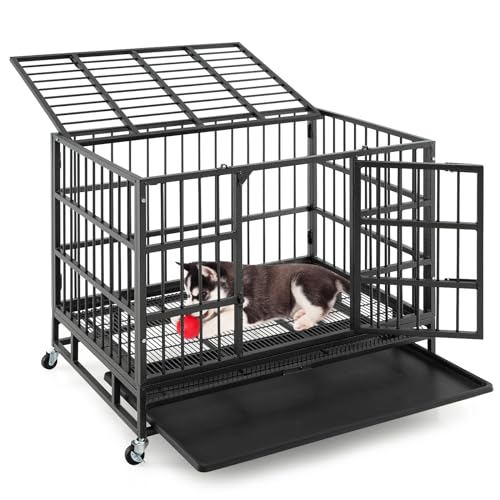 COSTWAY Hundekäfig faltbar mit 2 Türen, Transportkäfig mit Rollen & ausziehbarem Tablett, Transportbox Haustierkäfig Metall, Hundebox für große & mittelgroße Hunde, schwarz (96 x 65 x 77 cm) von COSTWAY
