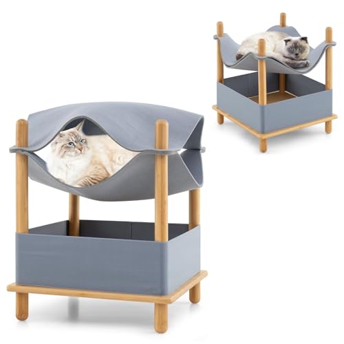 COSTWAY Katzenhaus 2 Etagen Bambus, erhöhtes Katzenbett mit Stauraum, Hängematte oder Katzenhöhle, Katzenmöbel Katzen Haustier Indoor, modern, 40 x 40 x 53 cm, Natur+Grau COSTWAY Katzenhaus 2 Etagen Bambus, erhöhtes Katzenbett mit Stauraum, Hängematte oder Katzenhöhle, Katzenmöbel Katzen Haustier Indoor, modern, 40 x 40 x 53 cm, Natur+Grau von COSTWAY
