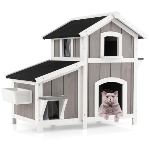 COSTWAY Katzenhaus Outdoor, 2-stöckige Katzenhütte, Katzenvilla mit Asphaltdach, Fluchttüren, PVC-Vorhängen, Eingang & Blumenbox, bis 30 kg, wetterfest für draußen, Tannenholz, Grau, 100x64x82,5 cm COSTWAY Katzenhaus Outdoor, 2-stöckige Katzenhütte, Katzenvilla mit Asphaltdach, Fluchttüren, PVC-Vorhängen, Eingang & Blumenbox, bis 30 kg, wetterfest für draußen, Tannenholz, Grau, 100x64x82,5 cm von COSTWAY
