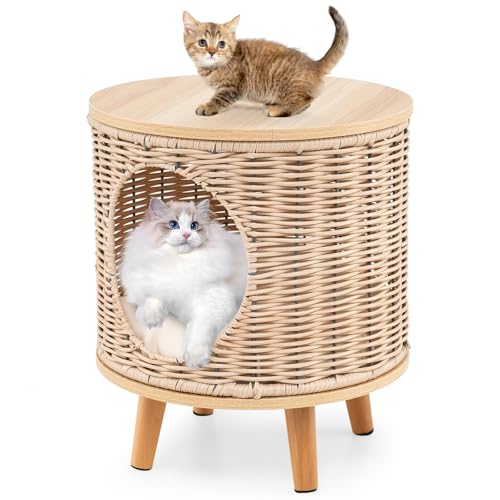 COSTWAY Katzenhaus Rattan, Katzenbett mit Holzbeinen & abnehmbares Kissen, für Katzen bis 30 kg, 3 in 1 Fußhocker Katzenhöhle Nachttisch, Indoor Katzenmöbel, 36 x 36 x 41 cm von COSTWAY
