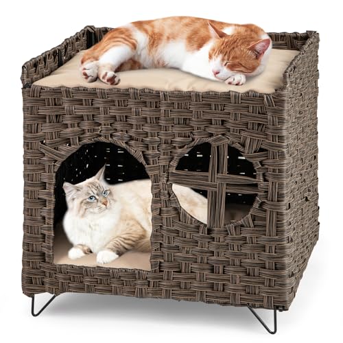 COSTWAY Katzenhaus aus PE-Rattan, Klappbar, 2 Etagen Katzenbett mit großer Sitzstange, abnehmbaren Kissen, Metallbeinen & Fenster, Indoor Katzenmöbel für Katzen, 50,5 x 45 x 50 cm COSTWAY Katzenhaus aus PE-Rattan, Klappbar, 2 Etagen Katzenbett mit großer Sitzstange, abnehmbaren Kissen, Metallbeinen & Fenster, Indoor Katzenmöbel für Katzen, 50,5 x 45 x 50 cm von COSTWAY