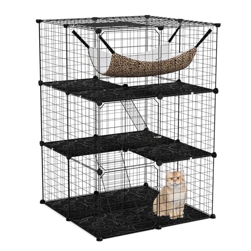 COSTWAY Katzenkäfig 3-stöckig, große Katzengehege mit Hängematte, 2 Leitern, 3 Türen & Dachfenster, Abnehmbarer Zwinger, Metalldrahtkäfig für Katzen Kleintiere im Innen, Schwarz (74 x 74 x 107 cm) von COSTWAY