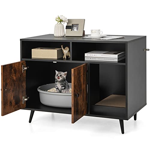 COSTWAY Katzenschrank, Katzentoilette mit Kratzunterlage & Doppeltüren, Katzenhaus mit offenem Regal & 2 Fächern, Katzenhöhle Katzenklo Schrank, für Katzen Hunde Haustier, Braun+Schwarz COSTWAY Katzenschrank, Katzentoilette mit Kratzunterlage & Doppeltüren, Katzenhaus mit offenem Regal & 2 Fächern, Katzenhöhle Katzenklo Schrank, für Katzen Hunde Haustier, Braun+Schwarz von COSTWAY