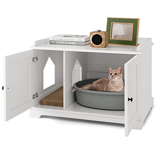 COSTWAY Katzenschrank Katzentoilette, Katzenhaus mit Doppeltüren & Eingang & Kratzbrett, Beistelltisch mit Verstellbarer Trennwand, Katzenhöhle Katzenklo Schrank, für Katzen Hunde Haustier, Weiß von COSTWAY