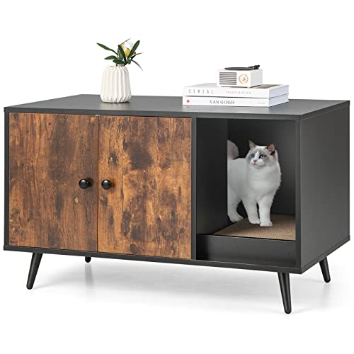 COSTWAY Katzenschrank für Katzentoilette, 2 in 1 Beistelltisch Katzenhaus, Katzenklo Schrank mit Kratzbrett & 2 Türen & Eingang, Katzenmöbel für Katzen Hunde Haustier, 90x50x54cm (Vintage) von COSTWAY