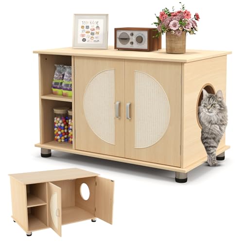 COSTWAY Katzenschrank für Katzentoilette, Katzenhaus mit Kratztüren aus Sisal & Metallfüßen & Katzenloch, Katzenklo Schrank, Katzenhöhle Beistelltisch Holz, Katzen Hunde Haustier, 82x48x52cm, Natur von COSTWAY