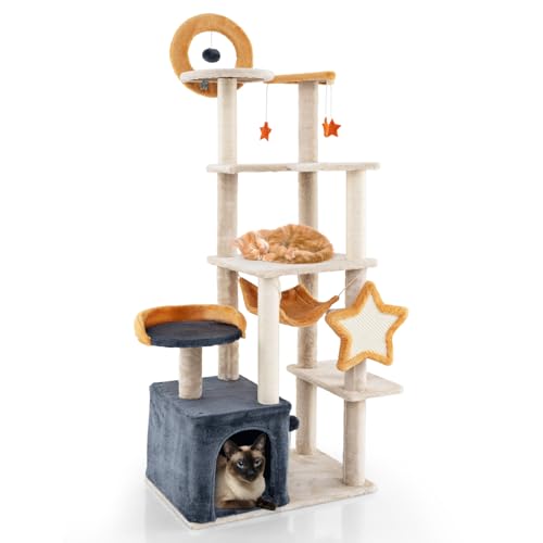 COSTWAY Kratzbaum, 160 cm mehrstöckiger Katzenbaum mit Sisal-Kratzpfosten & -Brett, Haus, Plüschsitz, Plattformen, Hängespielzeug, Springball, Katzenkratzbaum, großer Katzenturm von COSTWAY