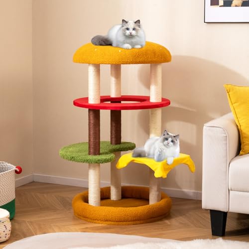 COSTWAY Kratzbaum, Hamburger-Thema, Katzenbaum mit Bett, Sisal-Kratzbrett & Plattformen, Kletterbaum weich, Katzen Katzenmöbel, Katzenkratzbaum Holz, Bunt (106 cm hoch) von COSTWAY