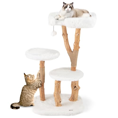 COSTWAY Kratzbaum Holz, 110 cm, Katzenbaum mit Plüschsitzfläche & 2 Plattformen & Spielball, Katzenturm mit Kratzpfosten aus Jute, Katzenmöbel Massivholz, Katzenkratzbaum Kletterbaum Katzen, Weiß COSTWAY Kratzbaum Holz, 110 cm, Katzenbaum mit Plüschsitzfläche & 2 Plattformen & Spielball, Katzenturm mit Kratzpfosten aus Jute, Katzenmöbel Massivholz, Katzenkratzbaum Kletterbaum Katzen, Weiß von COSTWAY
