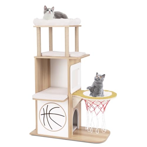 COSTWAY Kratzbaum Holz 120 cm, Katzenbaum mit Hängematte in Basketballkorb-Stil & 2-stöckigem Katzenhaus & 2 Plattformen und Kissen, Katzenkratzbaum Klein, Kletterbaum Katzen Katzenmöbel, Natur COSTWAY Kratzbaum Holz 120 cm, Katzenbaum mit Hängematte in Basketballkorb-Stil & 2-stöckigem Katzenhaus & 2 Plattformen und Kissen, Katzenkratzbaum Klein, Kletterbaum Katzen Katzenmöbel, Natur von COSTWAY