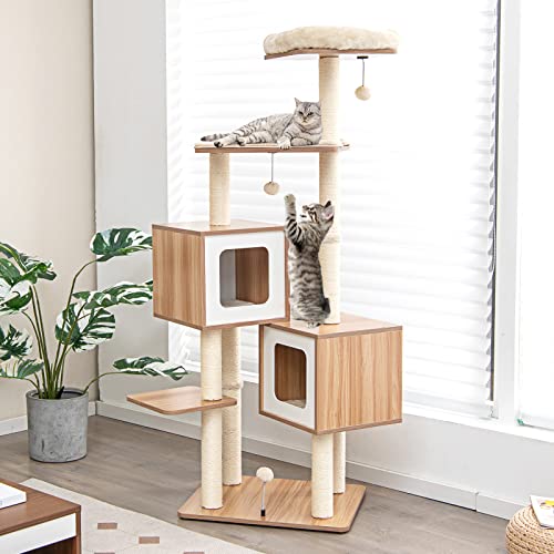 COSTWAY Kratzbaum Holz 163 cm, 6-stöckiger Katzenbaum Groß, Katzenkratzbaum mit 2 Höhlen & 2 Matten & 3 Spielbällen, Kletterbaum für Hauskatzen, Katzenmöbel Katzen Aktivitätsbaum, Beige+Natur COSTWAY Kratzbaum Holz 163 cm, 6-stöckiger Katzenbaum Groß, Katzenkratzbaum mit 2 Höhlen & 2 Matten & 3 Spielbällen, Kletterbaum für Hauskatzen, Katzenmöbel Katzen Aktivitätsbaum, Beige+Natur von COSTWAY