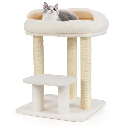 COSTWAY Kratzbaum Klein, 61 cm, Katzenbaum mit weicher Sitzfläche, großer Basis, Plattform & Sisal-Kratzsäulen, Katzenkratzbaum Holz, Katzen Katzenmöbel Kletterbaum, Aktivitätsbaum Spielbaum, Weiß von COSTWAY