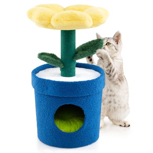 COSTWAY Kratzbaum Klein, 72cm hoch, süßer Katzenbaum mit Katzenhöhle, Pflanzentopf-Wohnung mit Blumen-Plattform, Kratzstamm & biegsamen Blättern, Katzenkratzbaum Katzen Katzenmöbel (Blau+Gelb) von COSTWAY