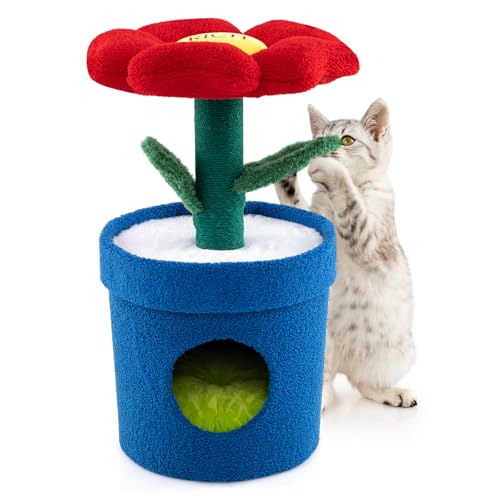 COSTWAY Kratzbaum Klein, 72cm hoch, süßer Katzenbaum mit Katzenhöhle, Pflanzentopf-Wohnung mit Blumen-Plattform, Kratzstamm & biegsamen Blättern, Katzenkratzbaum Katzen Katzenmöbel (Blau+Rot) von COSTWAY