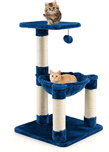 COSTWAY Kratzbaum Klein, Katzenbaum mit gemütlicher Hängematte, Plattform, Ball & Kratzsäulen, Katzenkratzbaum Holz, Katzen Katzenmöbel Kletterbaum, Spielbaum Aktivitätsbaum, 40x40x64cm (Blau) von COSTWAY