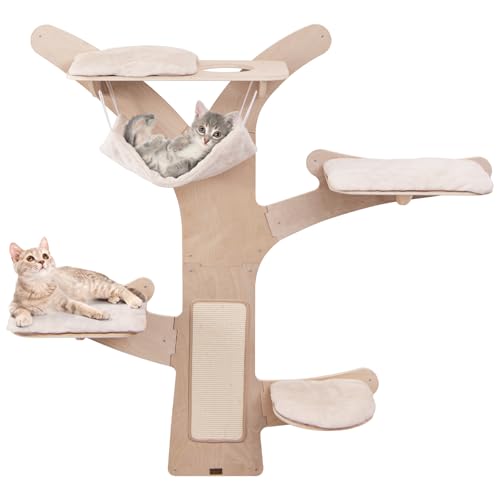 COSTWAY Kratzbaum Wand, Katzenwand mit Plattformen, Hängematte, Kratzmatte & abnehmbarem Kissen, Kletterwand Katzen mit Katzenbett, Katzenbaum Katzenmöbel Wandmontage (Natur+Weiß) von COSTWAY