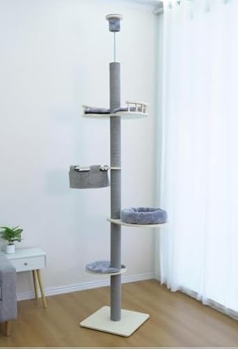 COSTWAY Kratzbaum deckenhoch, 236-271 cm, von Boden bis Decke, 5-stöckiger Katzenbaum, Katzenkratzbaum hoch, Kletterbaum mit Hängematte & Plattformen & Plüsch-Bett, Katzen Katzenmöbel Holz, Grau von COSTWAY