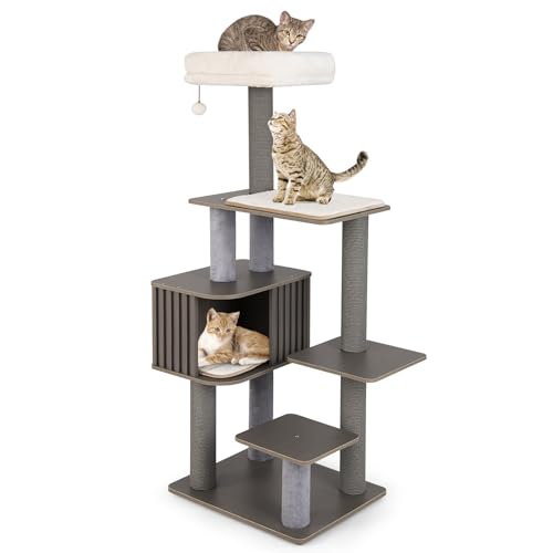 COSTWAY Kratzbaum groß, 151 cm, Katzenbaum mit Plattformen, Katzenhöhle, Kratzpfosten, Ball & abnehmbaren Matten, Katzenkratzbaum Katze, Katzenturm Kletterbaum, Grau von COSTWAY