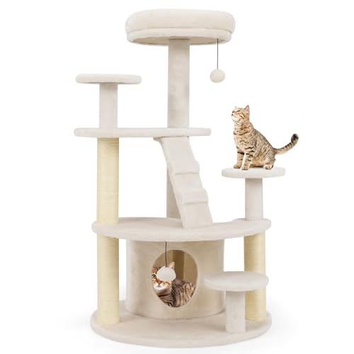COSTWAY Kratzbaum klein, Katzenbaum Holz, Katzenkratzbaum mit Katzenhöhle, Ball, Leiter, Plattformen & Kratzsäulen, Aktivitätsbaum Katzenmöbel Kletterbaum, Katzenturm Katzen (Beige) von COSTWAY