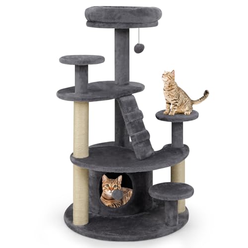 COSTWAY Kratzbaum klein, Katzenbaum Holz, Katzenkratzbaum mit Katzenhöhle, Ball, Leiter, Plattformen & Kratzsäulen, Aktivitätsbaum Katzenmöbel Kletterbaum, Katzenturm Katzen (Grau) von COSTWAY