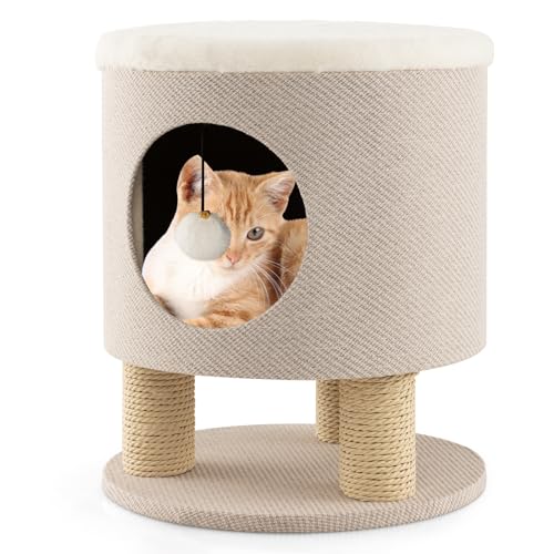 COSTWAY Kratzbaum klein, Katzenhöhle und Hocker, Katzenbaum mit weicher Sitzfläche & 3 Sisal-Kratzsäulen & Ball, Katzenhaus Kletterbaum, Katzenkratzbaum Katzen Katzenmöbel, 40 x 40 x 47 cm (Beige) von COSTWAY