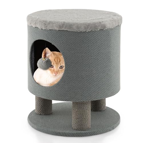 COSTWAY Kratzbaum klein, Katzenhöhle & Hocker, Katzenbaum mit weicher Sitzfläche & 3 Sisal-Kratzsäulen & Ball, Katzenhaus Kletterbaum, Katzenkratzbaum Katzen Katzenmöbel, 40x40x47cm (Grau) von COSTWAY