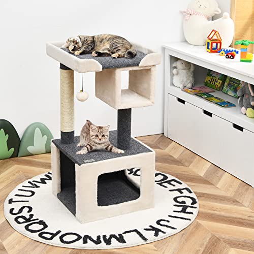 COSTWAY Kratzbaum klein, Katzenkratzbaum Holz, Katzenbaum stabil, Kletterbaum weiß und grau, Spielbaum Kratzmöbel Kratzstämme Höhle 42x42x80cm von COSTWAY