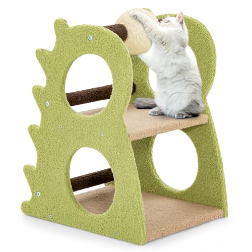 COSTWAY Kratzbaum klein, dinosaurierförmig, 2-stufiger Katzenbaum mit drehbarem Sisal-Kratzball & weicher Plüschstoff, Katzenkratzbaum Katzen Katzenmöbel, Kletterbaum Aktivitätsbaum, Grün von COSTWAY