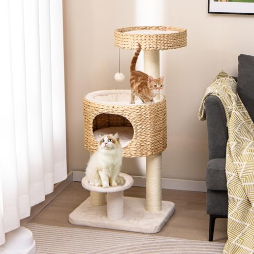 COSTWAY Kratzbaum mit Katzenhöhle, 104cm hoch, Katzenbaum mit Sitzstange & Plattform, Bett, Ball & Sisal-Kratzsäulen, Kletterbaum aus Rohrkolben, Katzenkratzbaum Katzen, Beige+Natur COSTWAY Kratzbaum mit Katzenhöhle, 104cm hoch, Katzenbaum mit Sitzstange & Plattform, Bett, Ball & Sisal-Kratzsäulen, Kletterbaum aus Rohrkolben, Katzenkratzbaum Katzen, Beige+Natur von COSTWAY