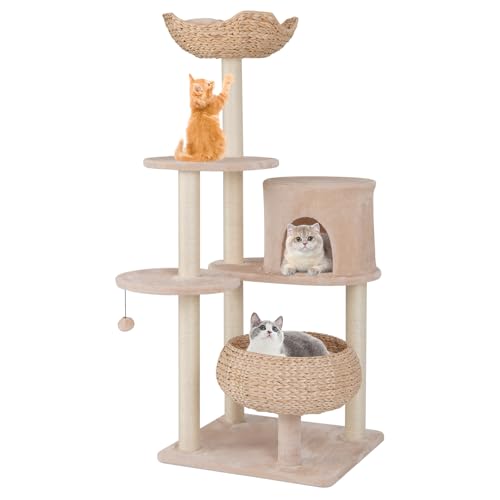 COSTWAY Kratzbaum mit Katzenhöhle, 146 cm, Katzenbaum mit Sitzstange & Katzenkorb aus Rohrkolben, Spielball, Sisalpfosten, Platformen, mehrstufiger Kletterbaum, Katzenkratzbaum Katzen, Beige+Natur COSTWAY Kratzbaum mit Katzenhöhle, 146 cm, Katzenbaum mit Sitzstange & Katzenkorb aus Rohrkolben, Spielball, Sisalpfosten, Platformen, mehrstufiger Kletterbaum, Katzenkratzbaum Katzen, Beige+Natur von COSTWAY