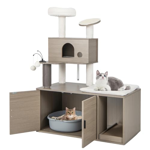 COSTWAY Kratzbaum mit Katzenschrank, Katzenbaum mit Höhle & Kratzbrett & Eingang & Spielball & Kissen, All-in-One Katzenhaus, Katzenkratzbaum Groß, Katzenmöbel Katzen, Grau, 95x55,5x132cm von COSTWAY