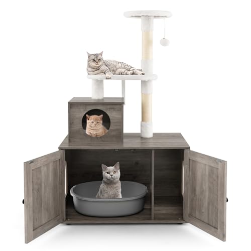 COSTWAY Kratzbaum mit Katzenschrank, All-in-One Katzenhaus aus Holz, Katzenkratzbaum mit Eingang, Höhle, Sisalstamm & Spielball, Katzenmöbel Katzenbaum, Katzen Spielhaus, 77,5x49x132 cm, Grau (Grau) COSTWAY Kratzbaum mit Katzenschrank, All-in-One Katzenhaus aus Holz, Katzenkratzbaum mit Eingang, Höhle, Sisalstamm & Spielball, Katzenmöbel Katzenbaum, Katzen Spielhaus, 77,5x49x132 cm, Grau (Grau) von COSTWAY