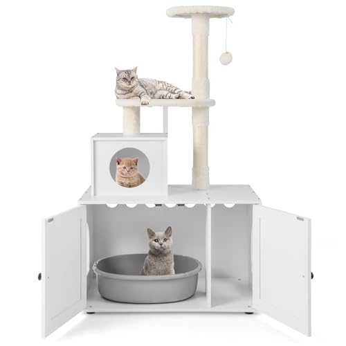 COSTWAY Kratzbaum mit Katzenschrank, All-in-One Katzenhaus aus Holz, Katzenkratzbaum mit Eingang, Höhle, Sisalstamm & Spielball, Katzenmöbel Katzenbaum, Katzen Spielhaus, 77,5x49x132 cm, Weiß COSTWAY Kratzbaum mit Katzenschrank, All-in-One Katzenhaus aus Holz, Katzenkratzbaum mit Eingang, Höhle, Sisalstamm & Spielball, Katzenmöbel Katzenbaum, Katzen Spielhaus, 77,5x49x132 cm, Weiß von COSTWAY