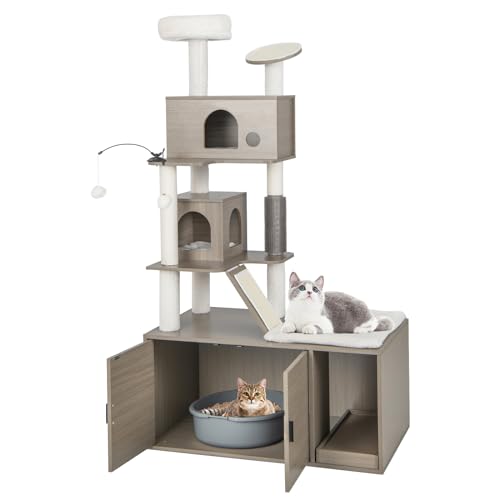 COSTWAY Kratzbaum mit Katzenschrank, Katzenbaum mit 2 Höhlen & Kratzbrett & Eingang & Spielball & Kissen & Rampe, All-in-One Katzenhaus, Katzenkratzbaum Groß, Katzenmöbel Katzen, 95x55,5x173cm, Grau von COSTWAY