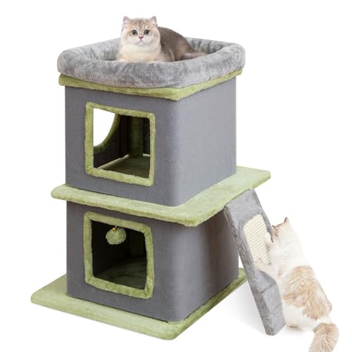 COSTWAY Kratztonne Katzentonne, 3 stöckiger Kratzbaum, Katzenhaus mit großer Liege, Kratzbrett, 2 Katzenhöhlen & Ball, Spieltonne mit Abnehmbarer Hülle, Katzenbaum Katzenkratzbaum Kletterbaum, Grau von COSTWAY