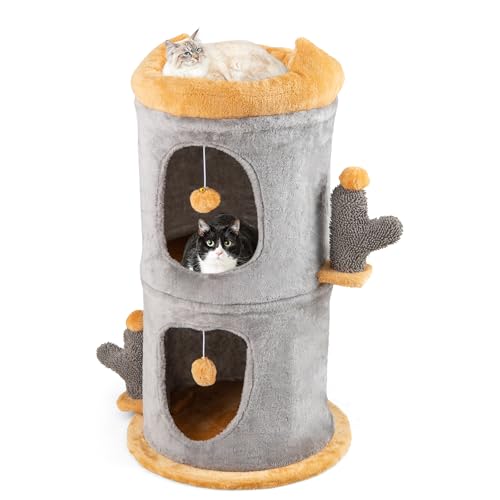 COSTWAY Kratztonne Katzentonne, Spieltonne mit 2 Katzenhöhlen, Separates Design, Katzenbett, 2 Bällen & Pfosten, Katzenhaus für Katzen, Ø48 x 83 cm, Katzenkratzbaum Kratzbaum Katzenbaum, Grau von COSTWAY