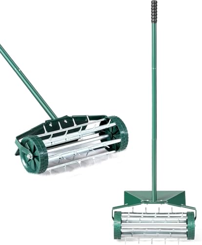 COSTWAY Rasenlüfter Walze, Rasenrolle mit Stiel & 3cm Nägeln & Spritzschutz, Handvertikutierer rollend, Rasenbelüfter manuell, Vertikutierer Rasenwalze für Garten Rasen Hof, 46 x 23 x 127 cm, Grün von COSTWAY