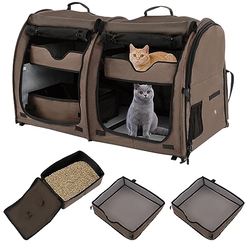 COSTWAY Transporttasche Hunde, Faltbare doppelte Abteilung Hundetasche, Tragetasche mit 2 Hängematten, weicher Matratze & Katzentoilette, tragbare Hundetransportbox Hundebox Transportbox (Braun) von COSTWAY