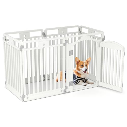 COSTWAY Welpenauslauf faltbar, Welpenlaufstall mit 6 Paneelen, abschließbarer Tür & Bodennägeln, 80 cm hoch, Hundelaufstall Outdoor Indoor, Laufstall Hund, Hundeauslauf aus Kunststoff, Weiß (6 Panels) von COSTWAY