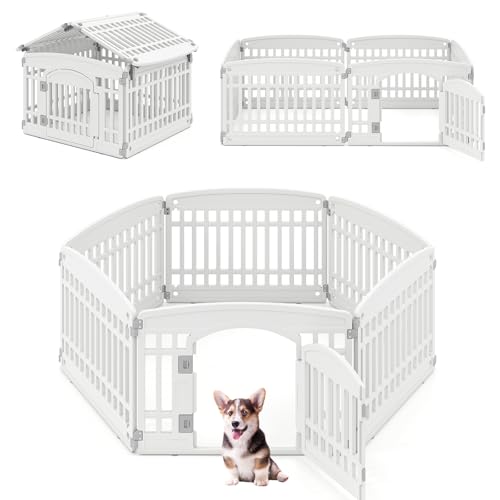 COSTWAY Welpenauslauf faltbar, Welpenlaufstall mit 6 Paneelen und abschließbarer Tür, 60 cm hoch, Hundelaufstall Outdoor Indoor, Laufstall Hund, Hundeauslauf aus Kunststoff, Weiß von COSTWAY