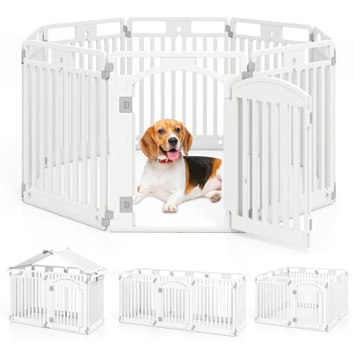 COSTWAY Welpenauslauf faltbar, Welpenlaufstall mit 8 Paneelen, abschließbarer Tür & Bodennägeln, 80 cm hoch, Hundelaufstall Outdoor Indoor, Laufstall Hund, Hundeauslauf aus Kunststoff, Weiß (8 Panels) von COSTWAY