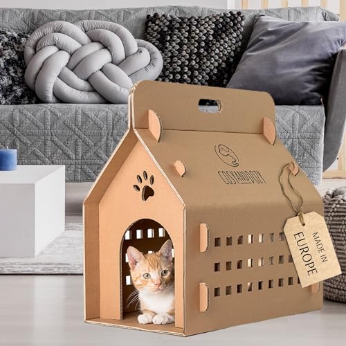 Premium Katzenhaus aus Karton zum Zusammenbauen - Braun - 50 x 29 x 50 cm - Katzenhöhle Pappe Katzenschloss - Katzen Karton Box - Leicht zu installieren von COSY AND DOZY