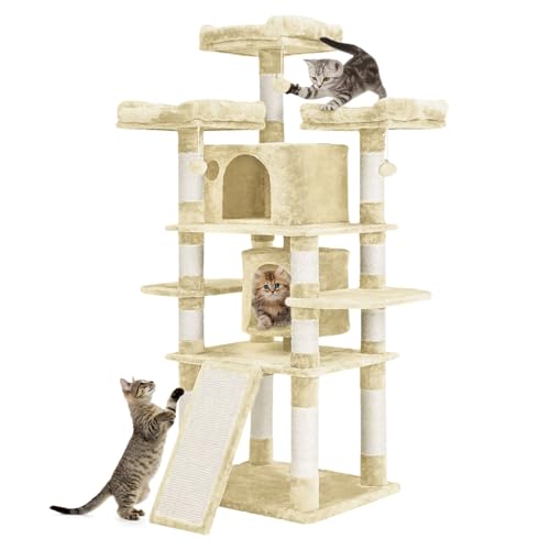 170 cm Indoor Katzenbaum / mehrstöckiges großes Katzenkletterregal für große Katzen / Turm mit Höhle / gemütliche Plüschstange / Eck-Katzenkletterbaum / Sisal-Kratzbaum und Hängematte (Beige) von COSY105C