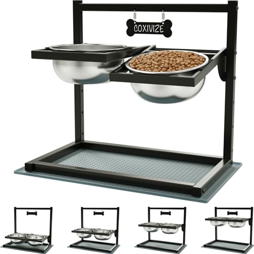 Erhöhte Hundenäpfe mit 4 Höhenverstellbaren und 10° Neigung, Erhöhter Hundenapfständer, Perfekte Stabile Ständer für Hundenapf, 2 Edelstahl-Hundefutternäpfen (1,5 L x 2) und Auslaufsicherer Matte von COXIVIZE