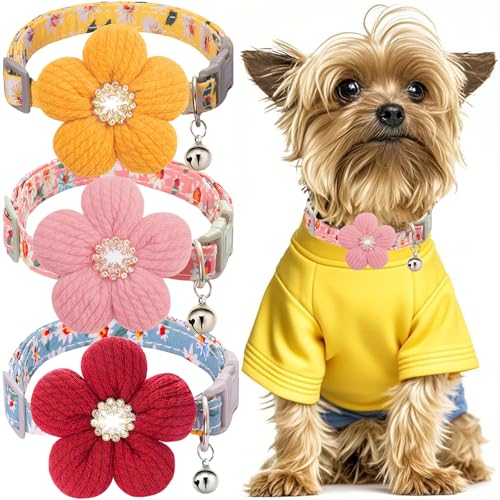 Welpenhalsbänder für Streu, kleines Hundehalsband, XS Hundehalsband, Hundehalsbänder für kleine Hunde mit Blume und Glocke (Gelb + Rosa + Rot) von COZIRAE