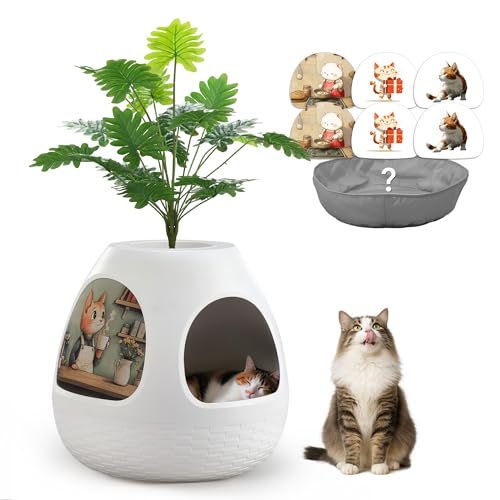Copod8 Katzenhöhle, 3-in-1-Kitty-Haus mit Pflanze, Katzen-gepolstertes Bett, Katzenkratzer, moderne Katzen-Haustier-Möbel für den Innenbereich, Kitty Versteck (Weiß, M) von COZIVVOVV