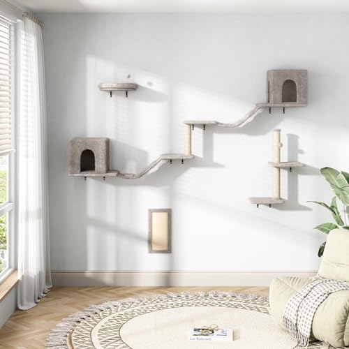 COZIWOW 8-in-1 Katzenwandmöbel Set - Wandmontierte Katzenkletterwandregale mit Baum, Sitzstange, Kratzbaum und Brücke für große Katzen (Grau) von COZIWOW