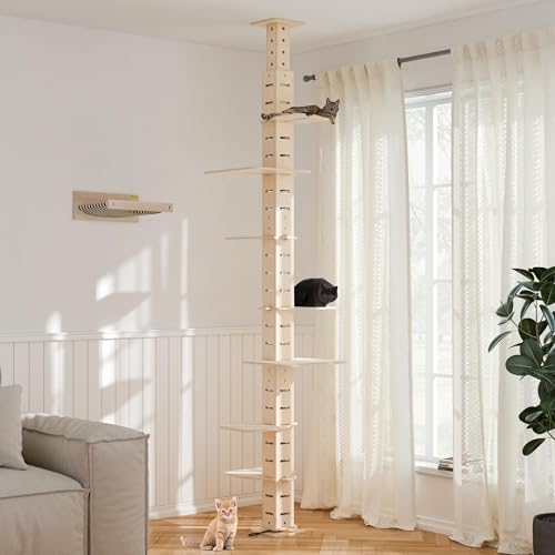 COZIWOW Hoher Katzenbaum vom Boden bis zur Decke, Katzenturm mit verstellbarer Höhe, Kletter-Aktivitätsbaum mit Plattform, Natur von COZIWOW