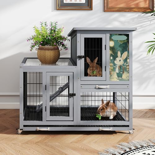 COZIWOW Kaninchenstall Indoor mit Drahtboden, 2-stöckiger großer Hasenkäfig aus Holz auf Rädern im Freien für mehrere Kleintiere, Grau + Bunte Muster von COZIWOW